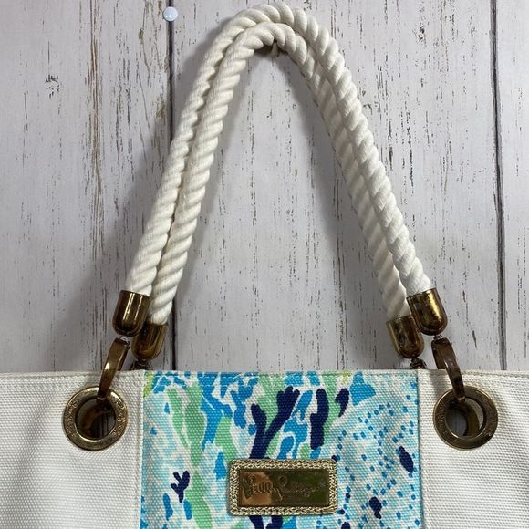 Lilly Pulitzer White Spa Blue Canvas Island Tote Beach Bag - Picture 7 of 16